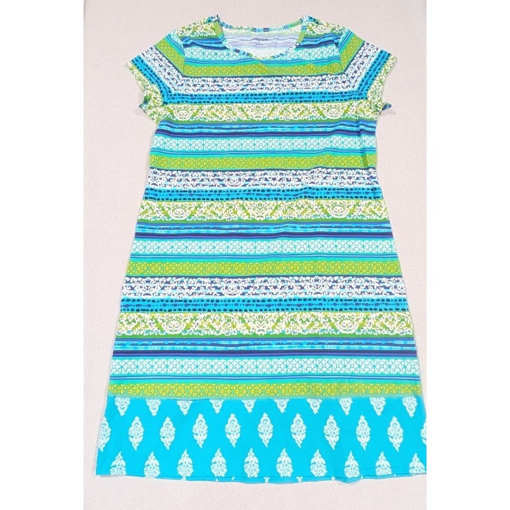 Lands End Swim Cover Up Dress Womens S 6-8 Blue Green Striped Short Sleeve Exc